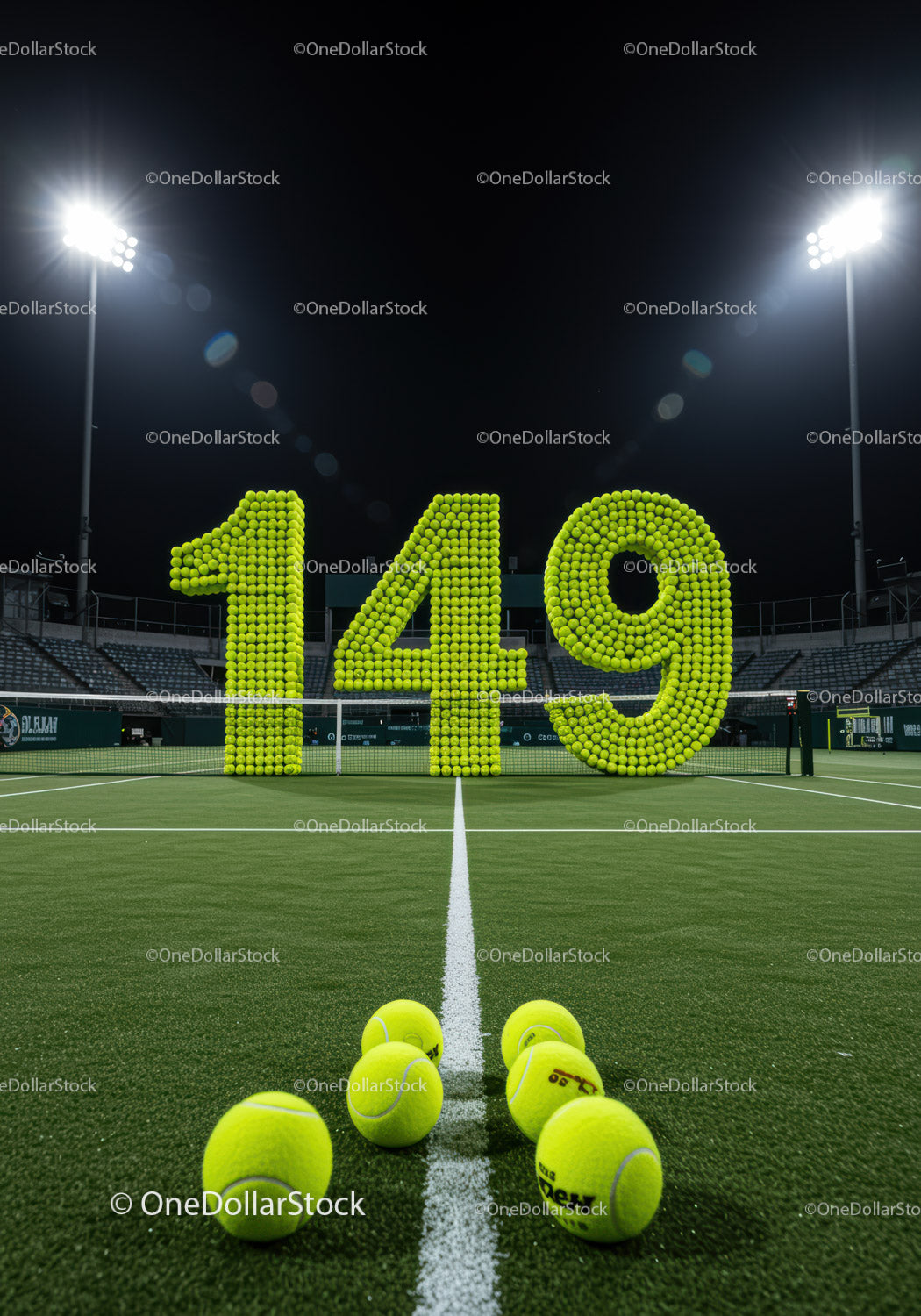 Number 149 created from tennis balls on court at night