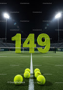 Number 149 created from tennis balls on court at night