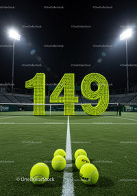 Number 149 created from tennis balls on court at night