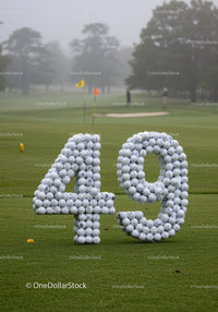 Creative golf ball sculpture forming number 49 on course