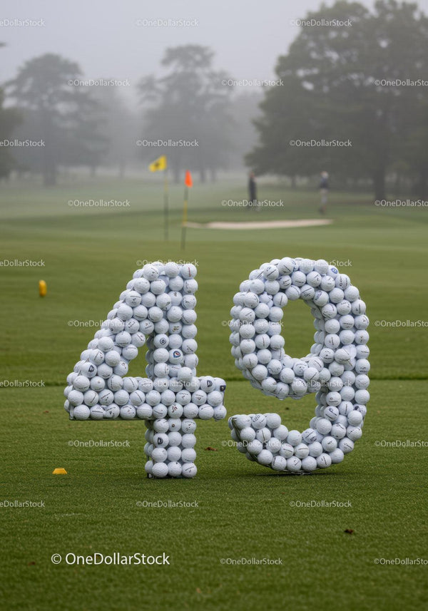 Kreatywna rzeźba z piłek golfowych w kształcie liczby 49 na polu golfowym