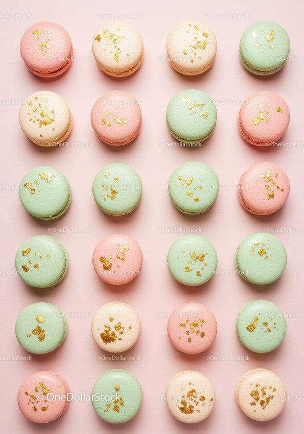 Pastel Macarons with Gold Leaf Decoration on Pink