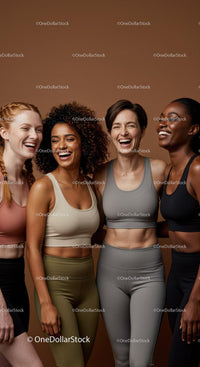 Diverse women sharing joy in fitness apparel