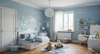 Bright Children's Bedroom with Toys and Cozy Decor in Blue Tone