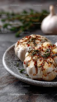 Roasted Garlic Cloves with Rosemary on Rustic Wooden Table