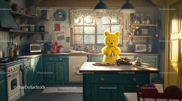 Yellow Teddy Bear Sitting On Kitchen Island