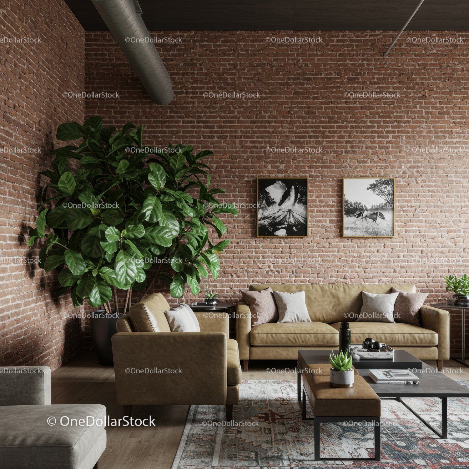 Nowoczesny salon ze ścianą z cegły, dużą zieloną rośliną i stylowym wystrojem