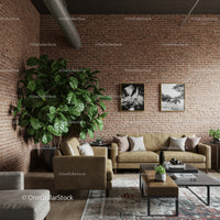 Modern Living Room with Brick Wall, Large Green Plant and Stylish Decor
