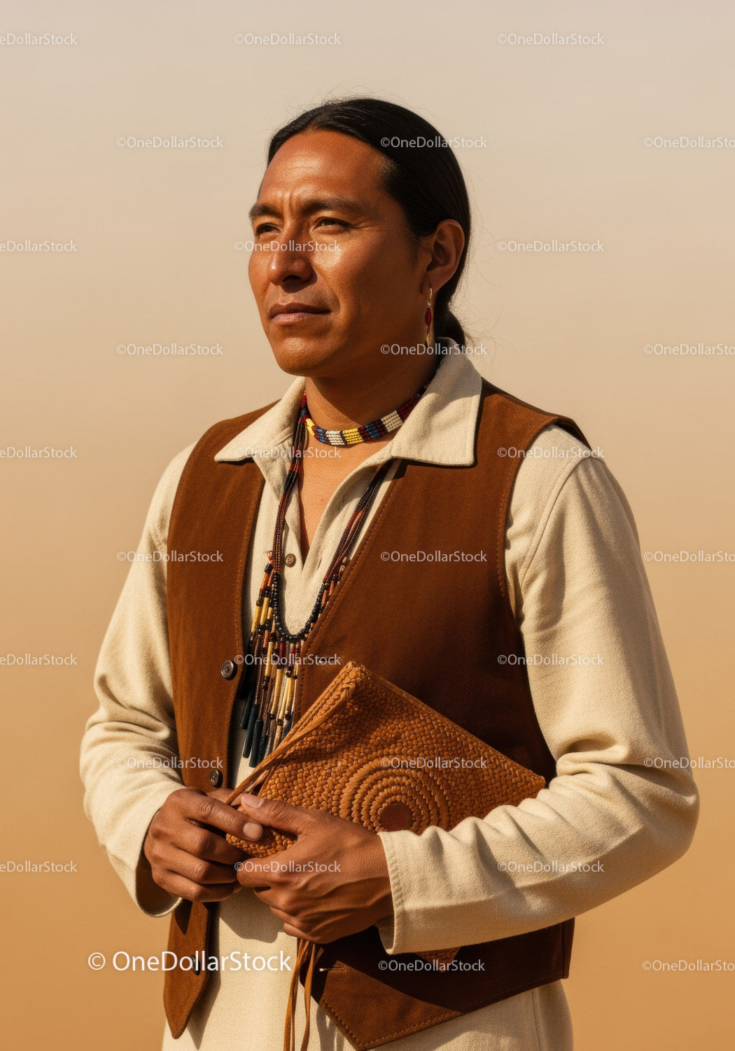 Native American Man in Traditional Beaded Jewelry and Leather Vest Outdoors