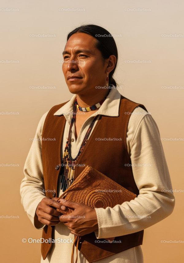 Native American Man in Traditional Beaded Jewelry and Leather Vest Outdoors