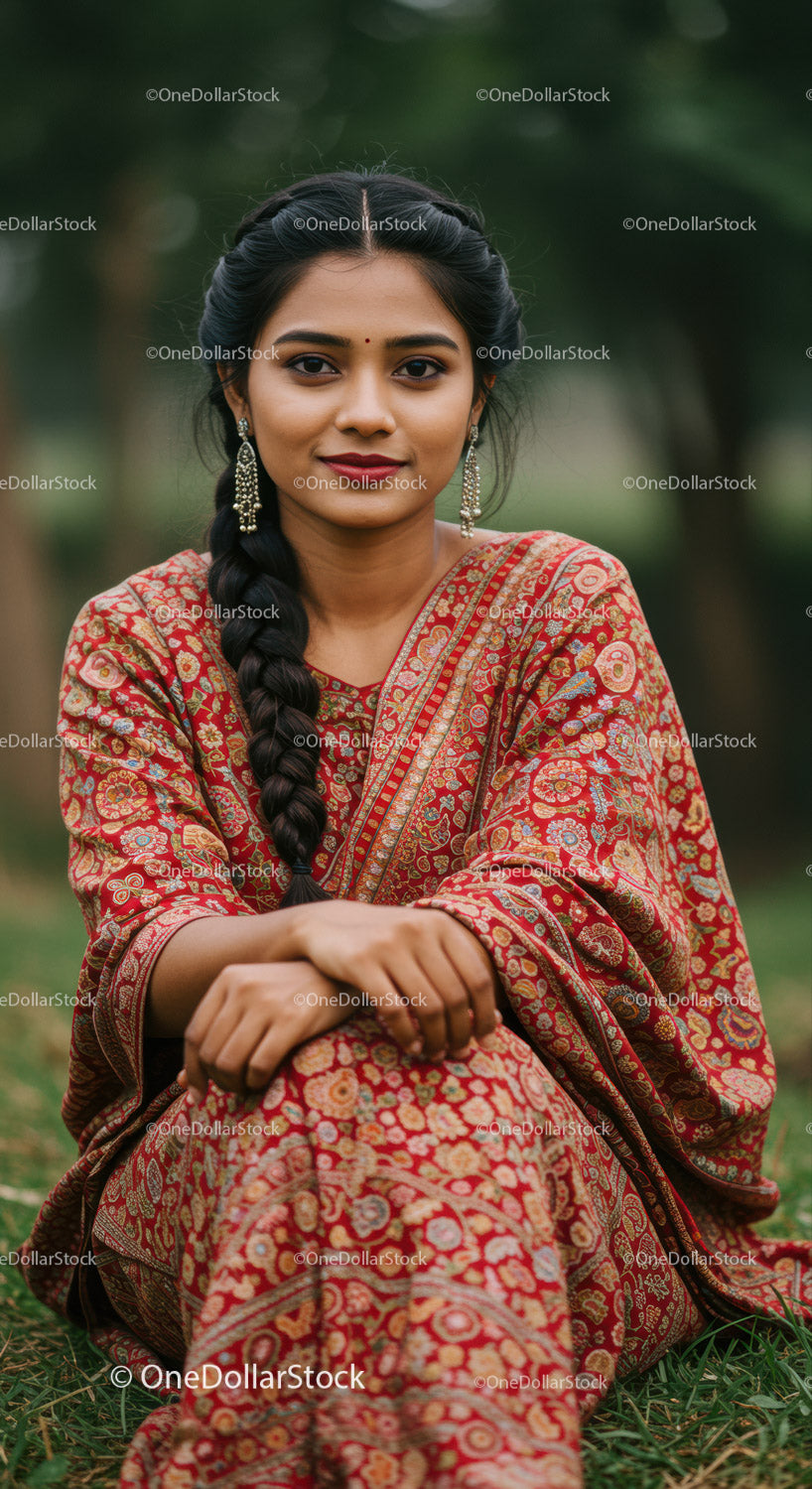 Elegant Woman in Traditional Dress Sitting Outdoors Amid Greenery
