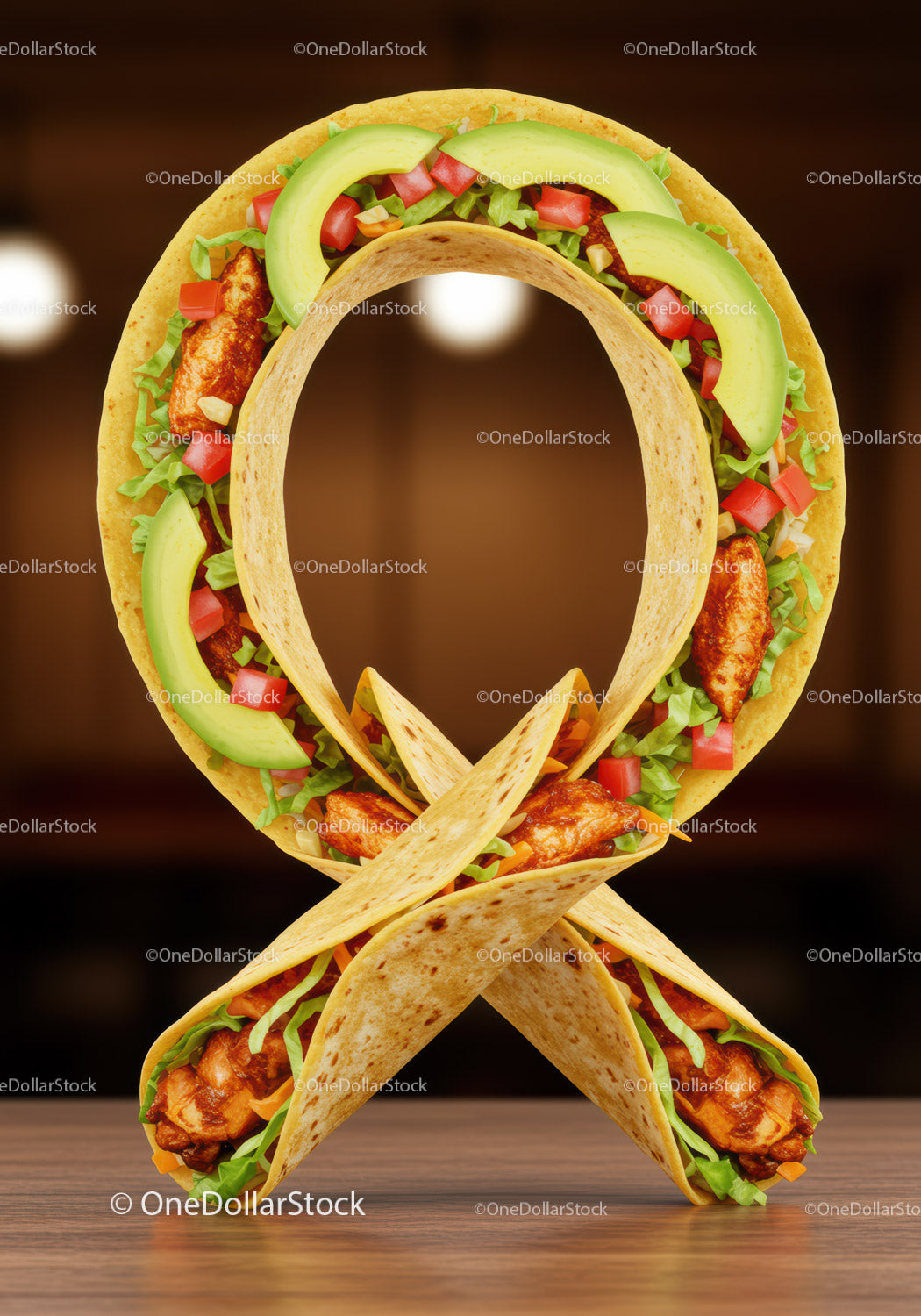 Chicken taco ribbon shaped on wooden surface
