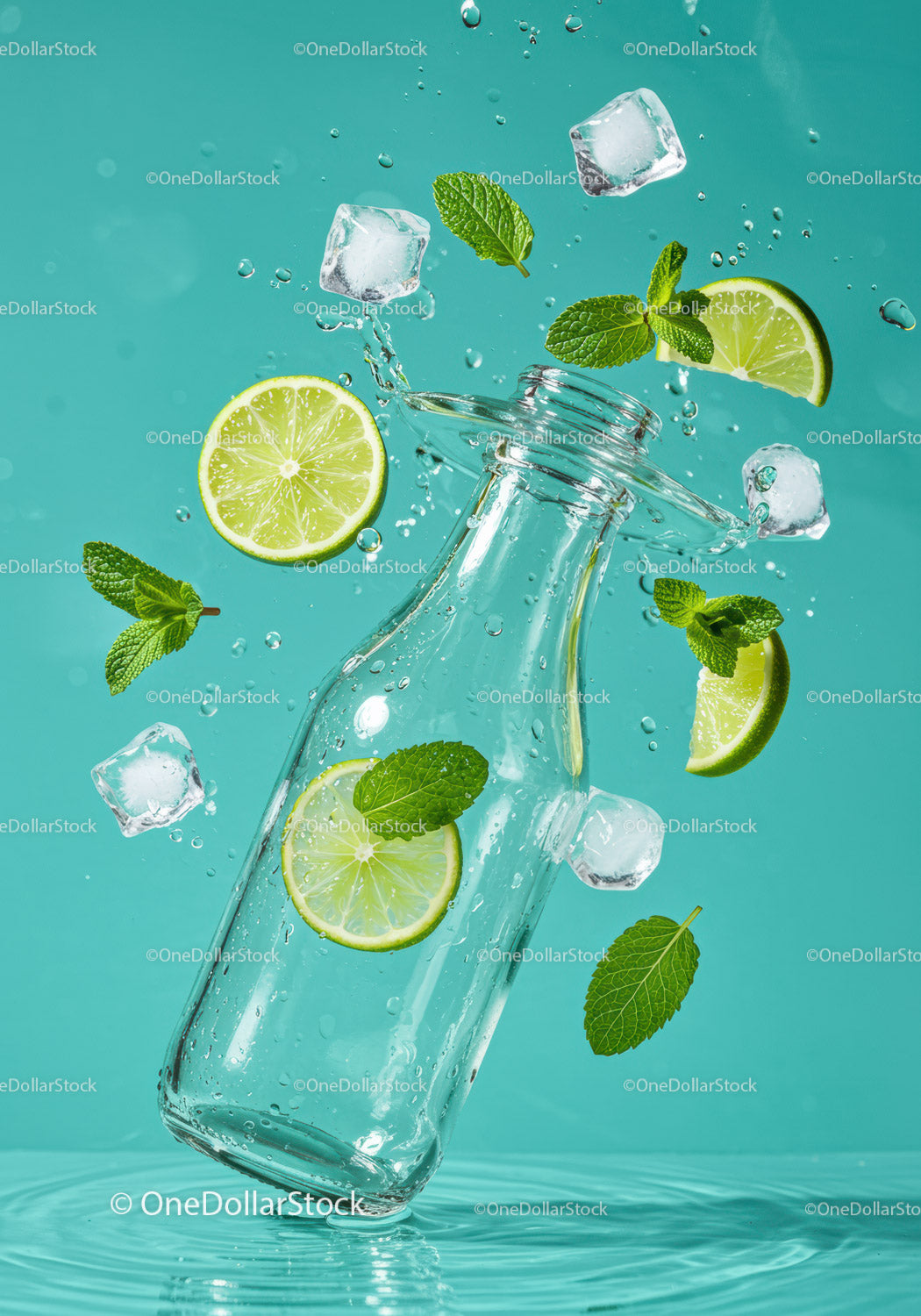 Refreshing lime and mint splash with ice cubes in glass bottle