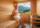 Male Man Enjoying Relaxing Sauna with Mountain Landscape View