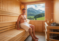 Male Man Enjoying Relaxing Sauna with Mountain Landscape View
