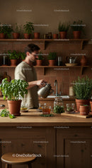 Man Watering Fresh Basil and Herbs in a Cozy Kitchen