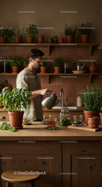 Man Watering Fresh Basil and Herbs in a Cozy Kitchen