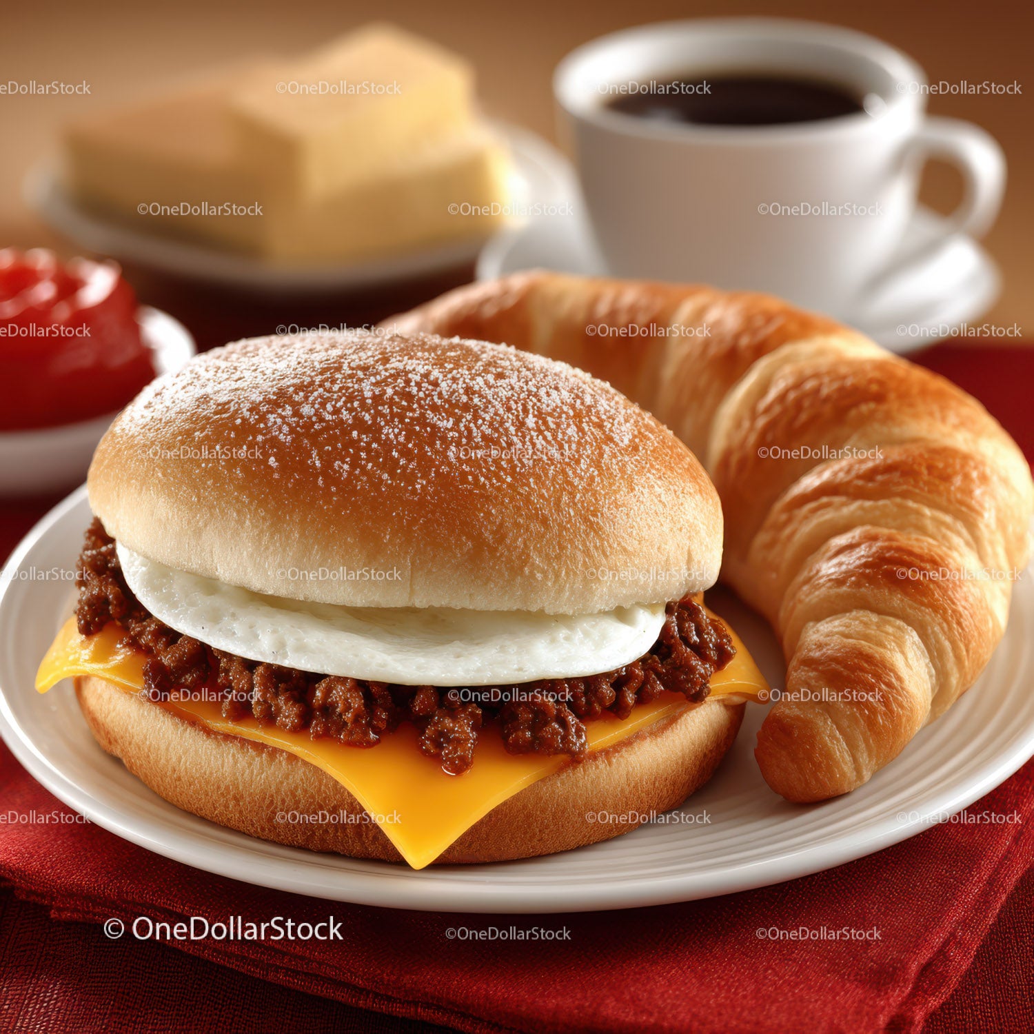 Cheeseburger z jajkiem sadzonym i croissantem na talerzu śniadaniowym