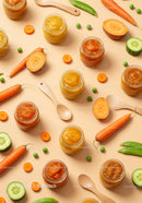 Assorted Fresh Vegetable Purees in Glass Jars with Ingredients
