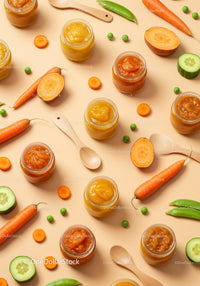 Assorted Fresh Vegetable Purees in Glass Jars with Ingredients