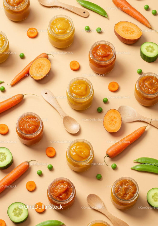 Assorted Fresh Vegetable Purees in Glass Jars with Ingredients