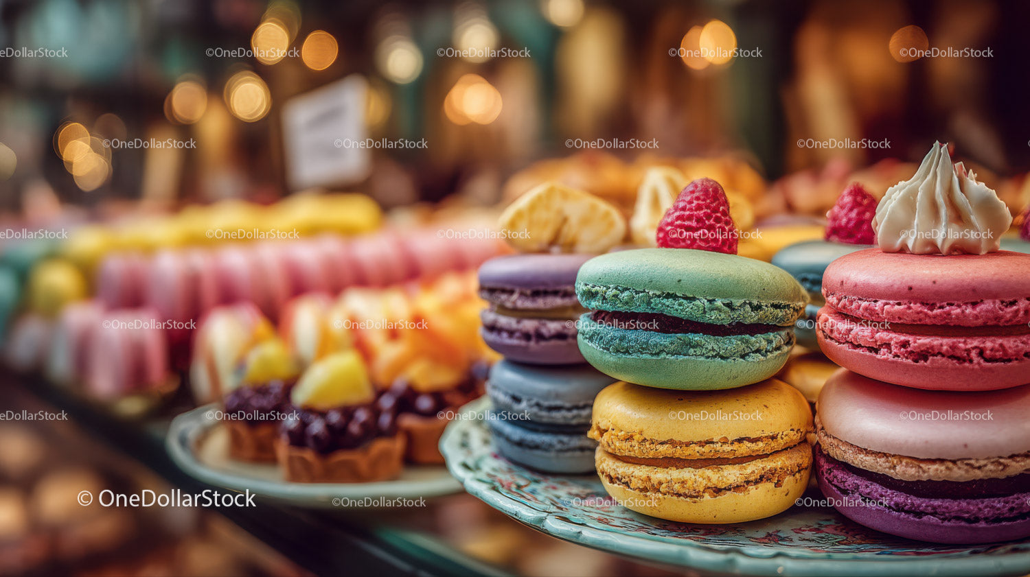Colorful Macarons and Sweets Display in Bakery Shop