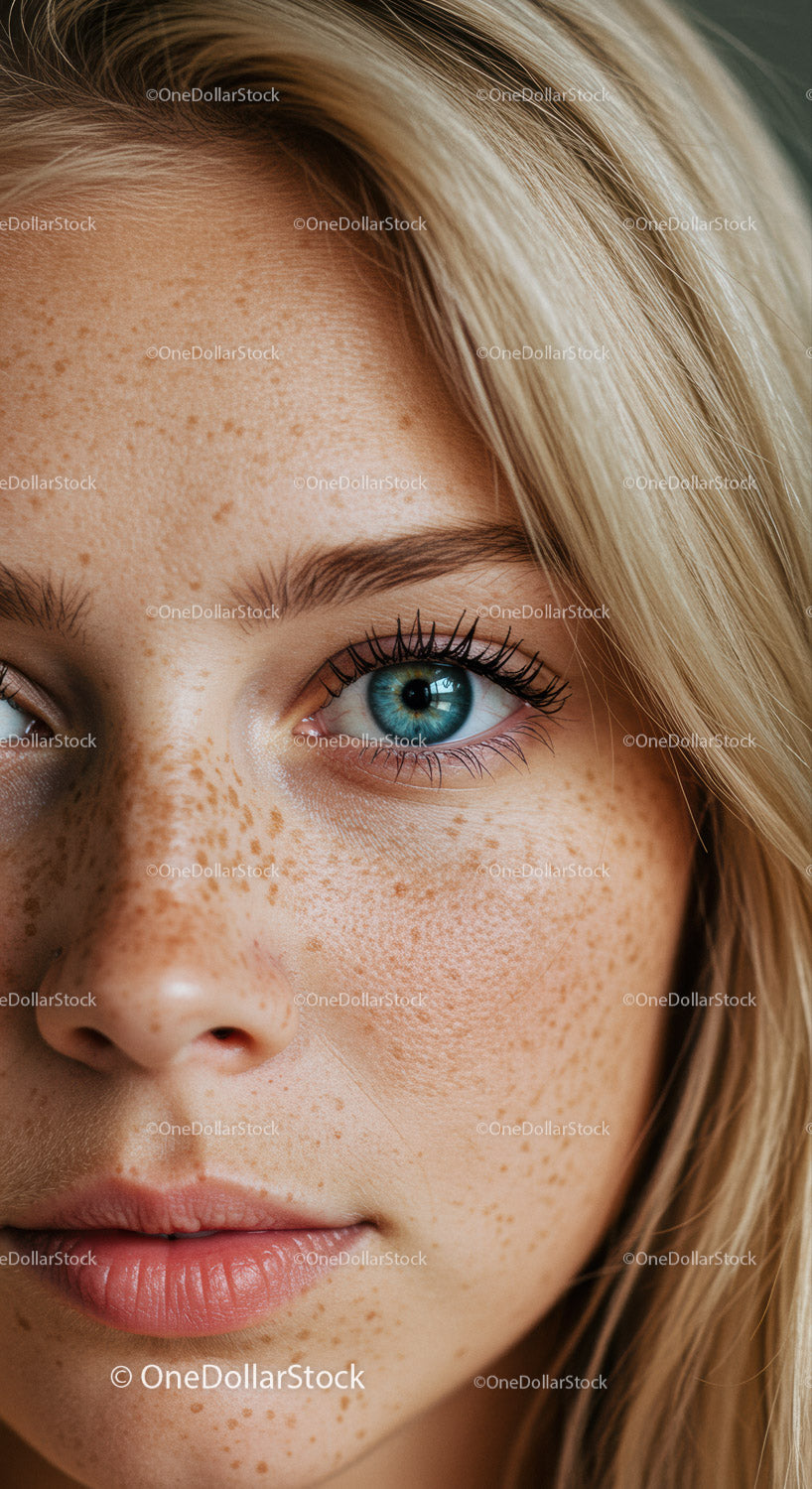 Close up of young woman with natural freckles and blue eyes
