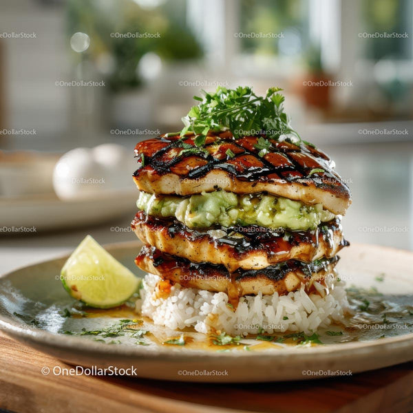 Delicious Grilled Chicken Stack with Avocado and Rice