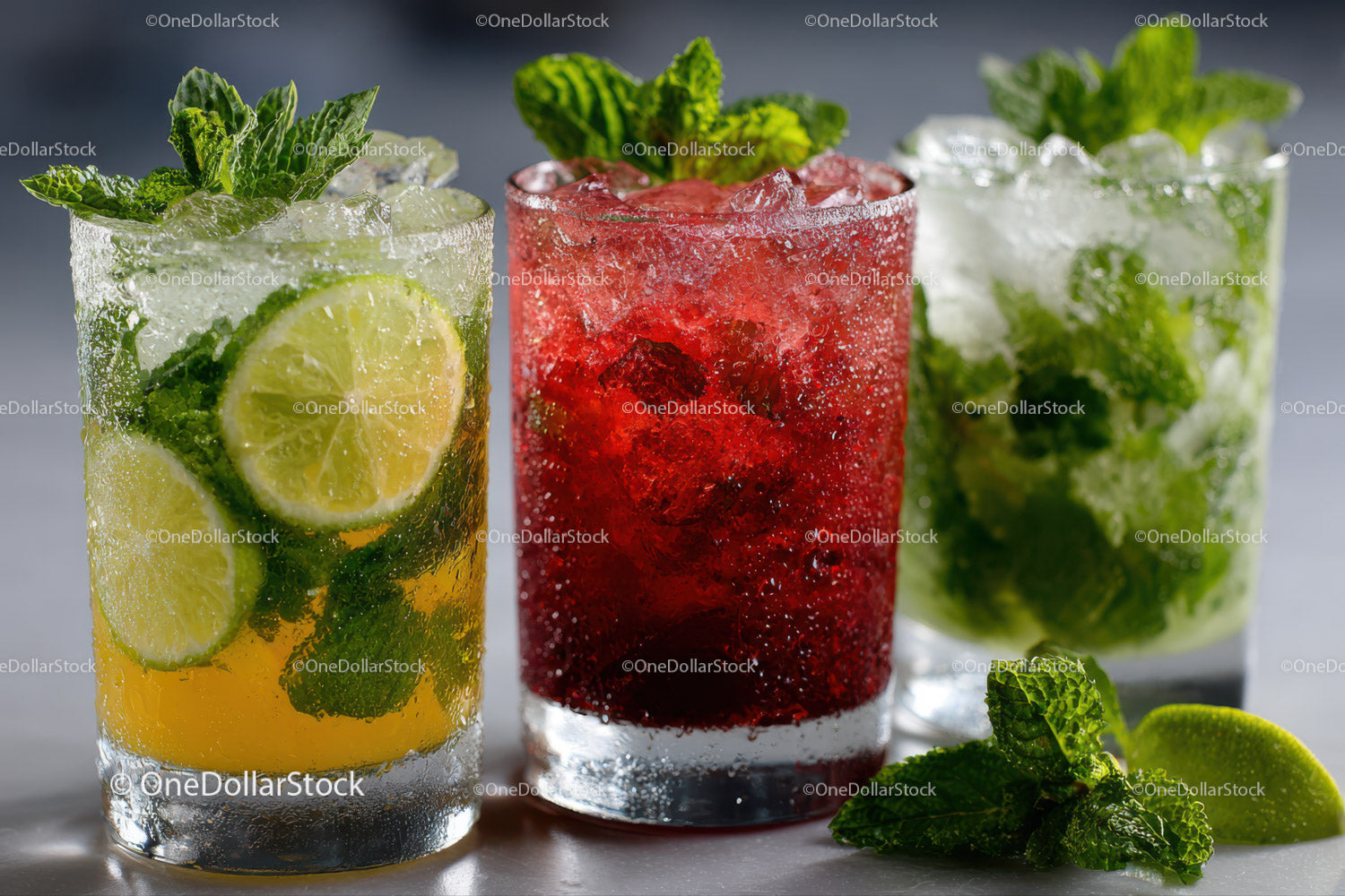 Colorful Summer Cocktail Trio with Mint and Fruit Garnishes