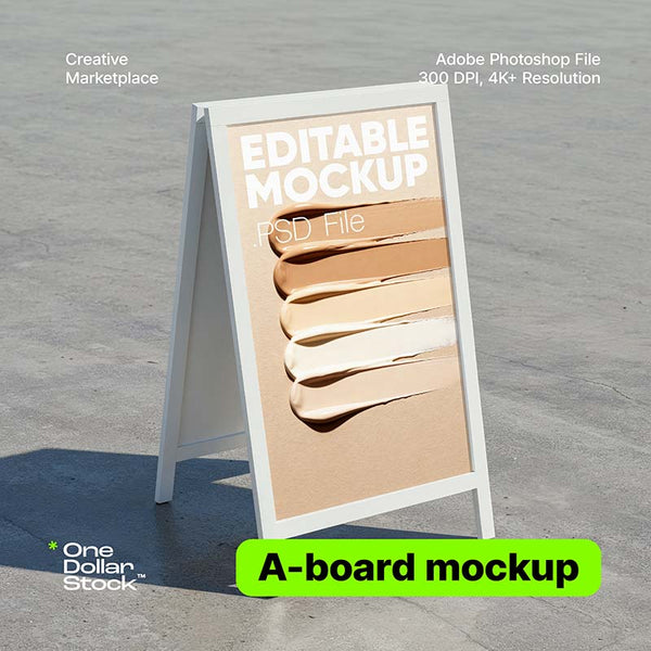 Tablica A-board z edytowalnym projektem na betonie