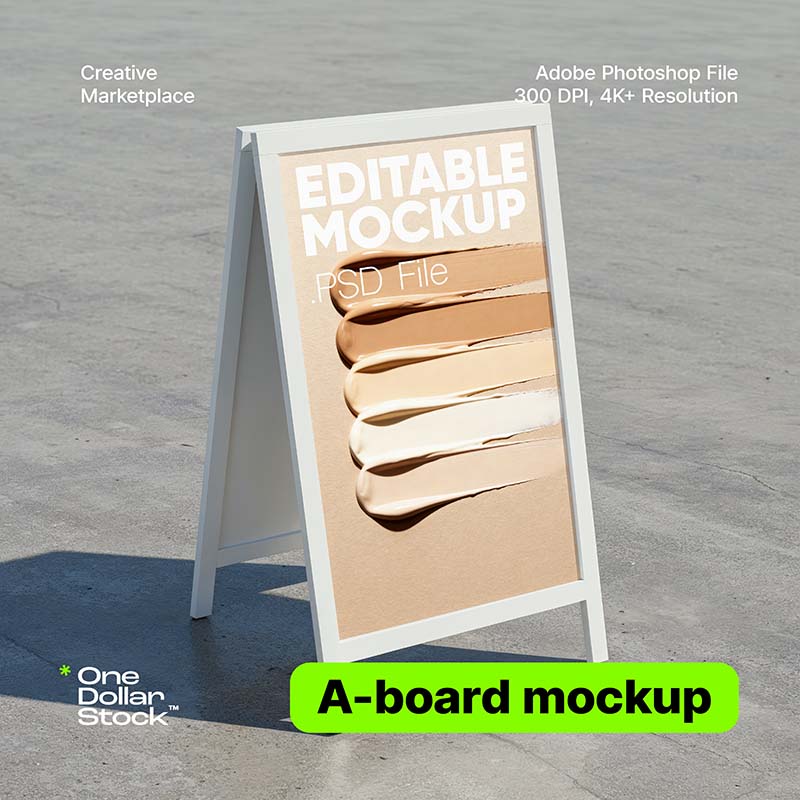A-board sign standing on smooth concrete mockup (editable, layered PSD file)