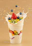 Fresh Fruit and Cereal Splashing Into Yogurt Cup