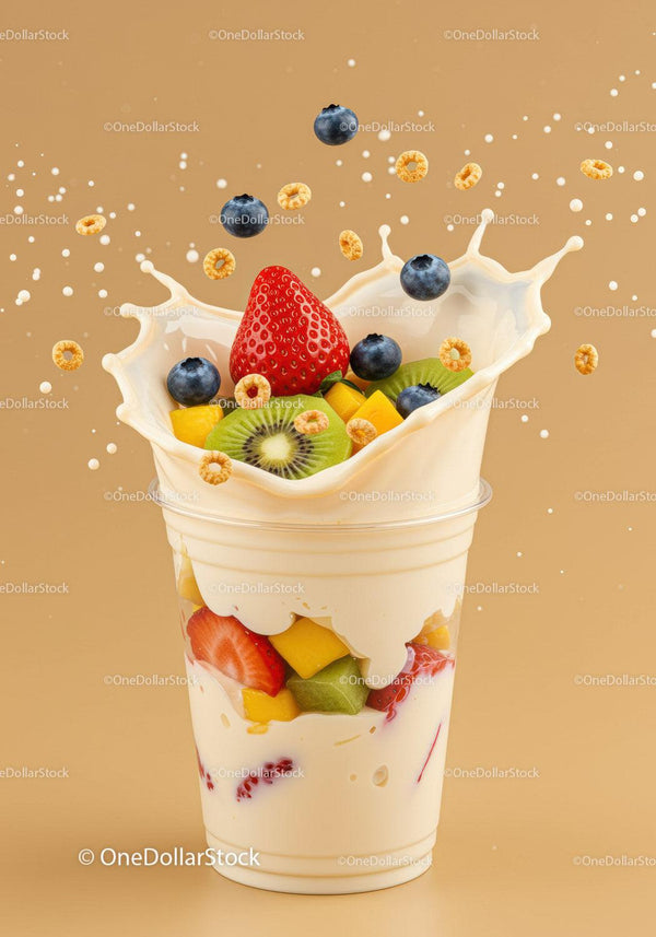 Fresh Fruit and Cereal Splashing Into Yogurt Cup