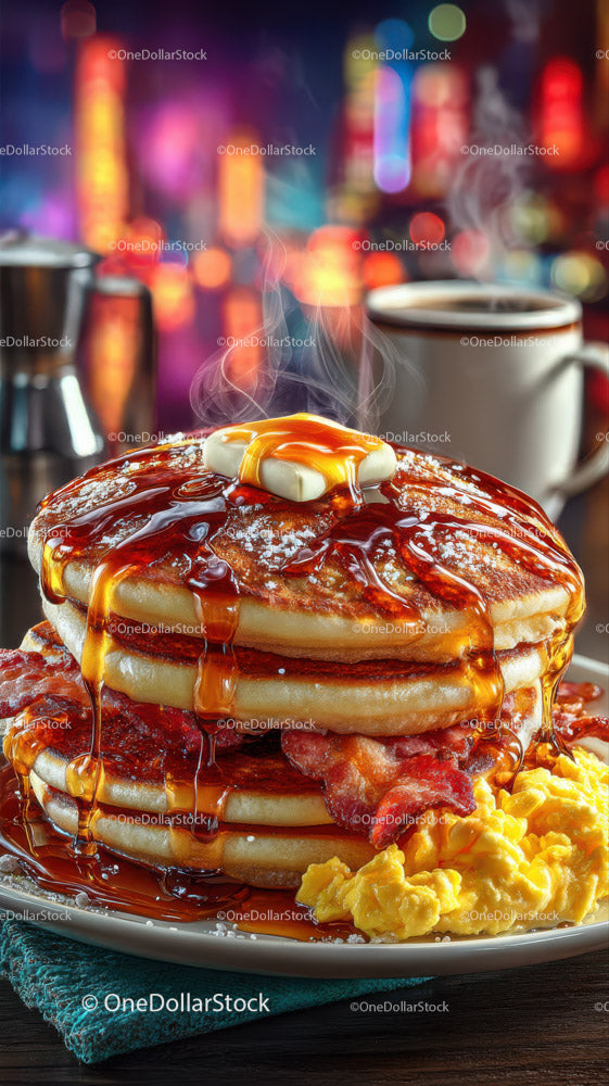 Hearty Breakfast Stack with Pancakes Bacon Eggs and Syrup
