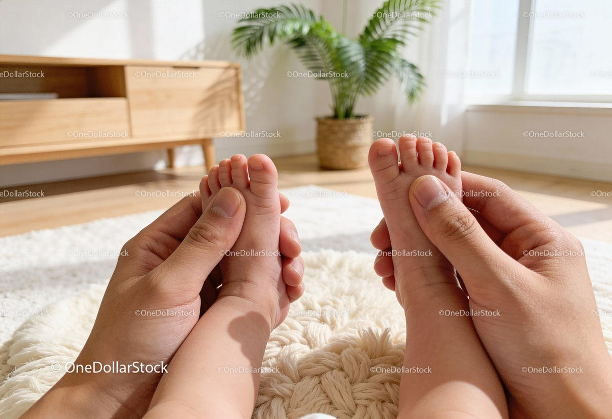 Tender moment of parent holding baby’s feet indoors