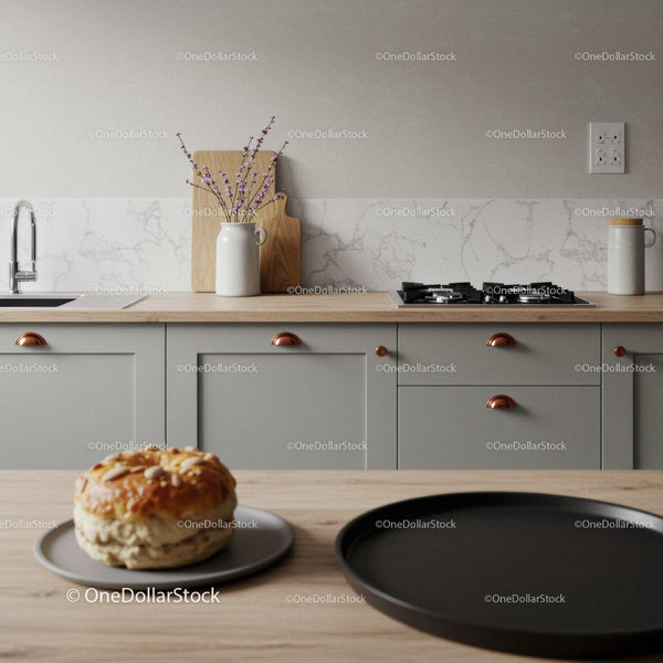 Modern Gray Kitchen with Copper Handles and Wooden Countertop