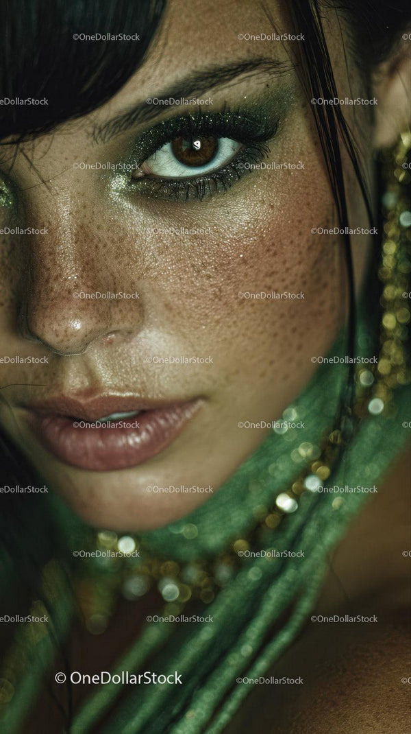 Close-up of a woman with glittery makeup and captivating gaze