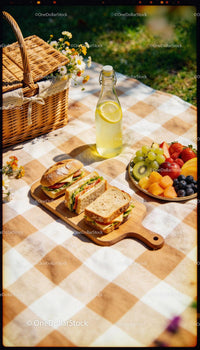 Fresh Picnic Spread with Sandwiches, Fruit, and Lemonade