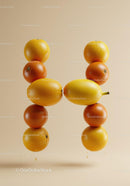 Stacked citrus fruits forming the letter H on beige background