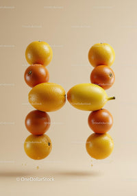 Stacked citrus fruits forming the letter H on beige background