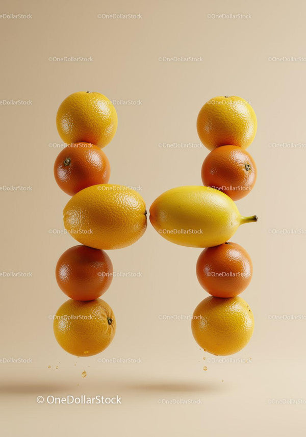 Stacked citrus fruits forming the letter H on beige background