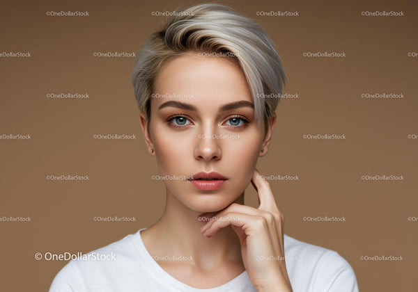 Elegancki Portret Młodej Kobiety z Srebrnymi Włosami i Niebieskimi Oczami