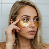 Beauty Woman Applying Gold Eye Patches for Skin Rejuvenation
