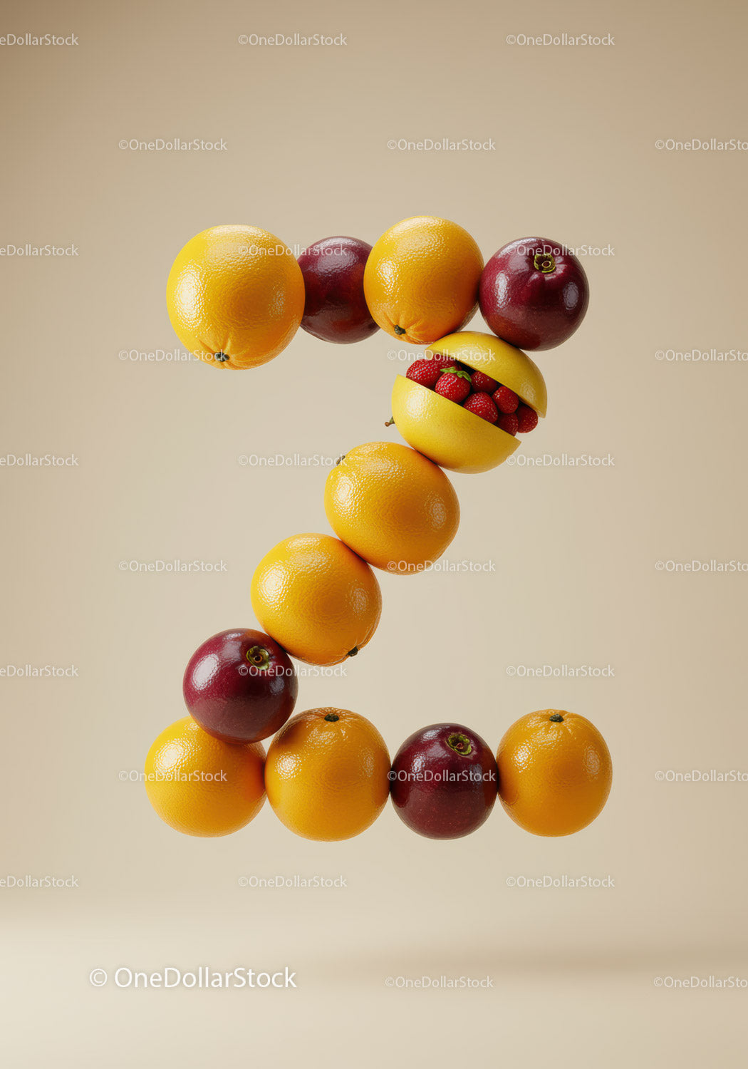 Creative Number Two Made of Oranges and Plums