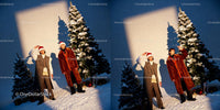 Stylish duo in festive outfits with snowy Christmas trees
