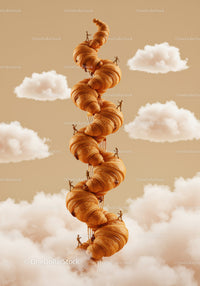 Miniature figures climbing towering croissants in sky