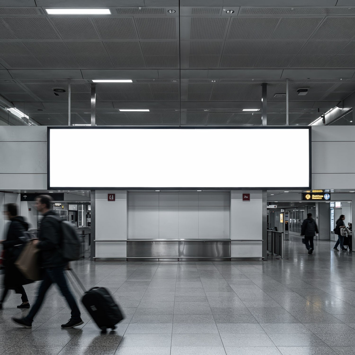 Modern airport interior with large blank billboard