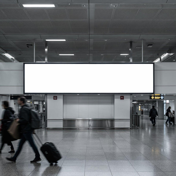 Modern airport interior with large blank billboard JPG Mockup Image