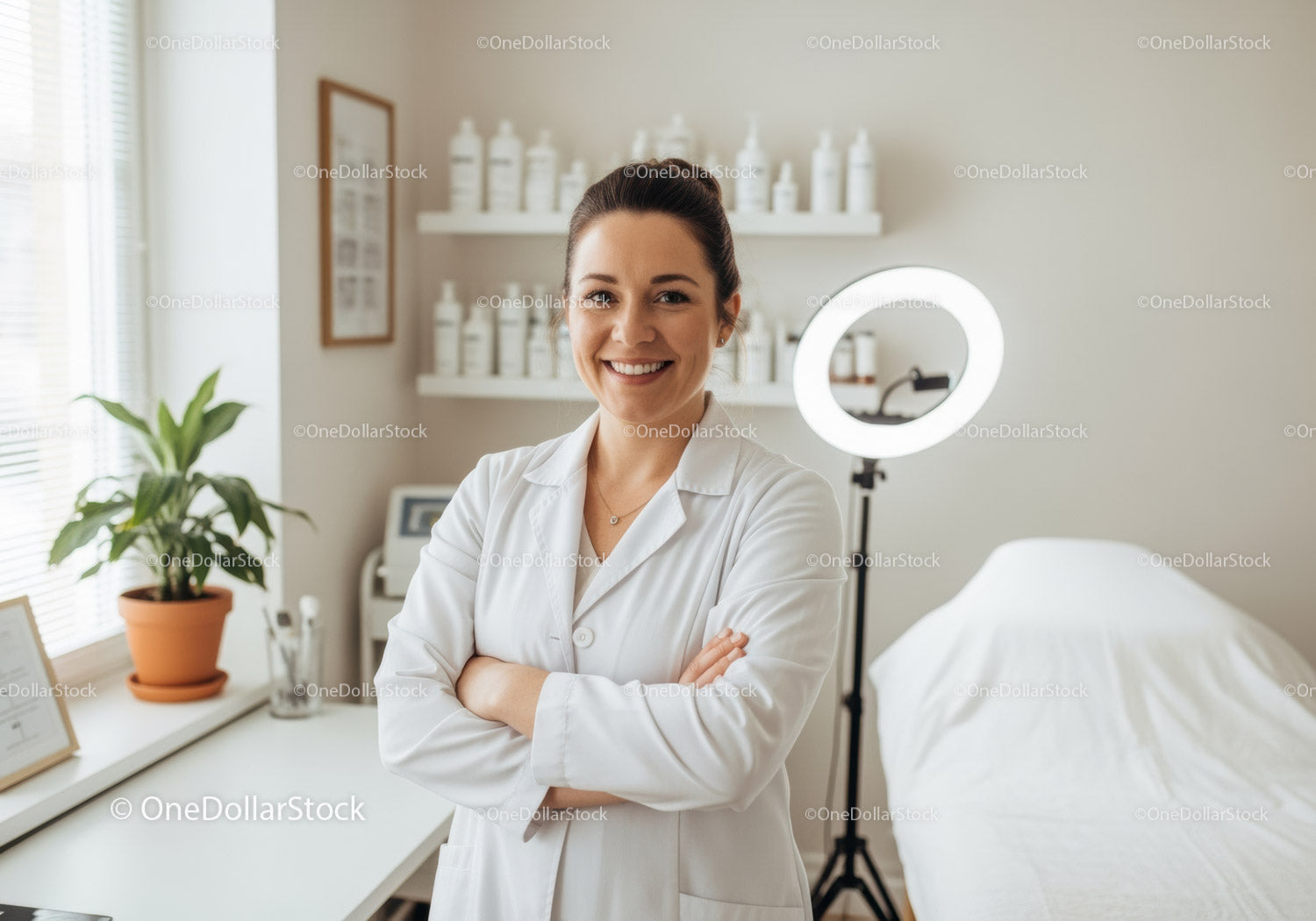 Uśmiechnięta pracownica służby zdrowia w nowoczesnej klinice medycznej