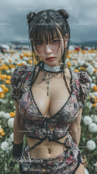 Fashionable Woman in Floral Crop Top with Jewelry in Blooming Garden